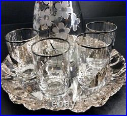 Vintage Venetian sterling silver overlay decanter & 4 shot glasses 9.5 and tray