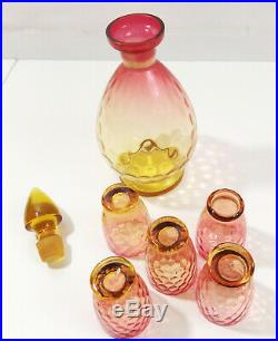 Vintage Victorian Amberina Glass Decanter 7 Set 5 Glasses with Amber Stopper