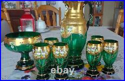 Vintage Victorian bohemian emerald glass Decanter Set 6 Glasses And Large Bowl