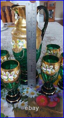 Vintage Victorian bohemian emerald glass Decanter Set 6 Glasses And Large Bowl