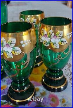 Vintage Victorian glass wear bohemian emerald glass Decanter Set, 6 Large Bowl