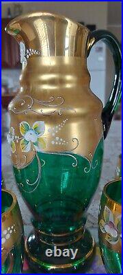 Vintage Victorian glass wear bohemian emerald glass Decanter Set, 6 Large Bowl