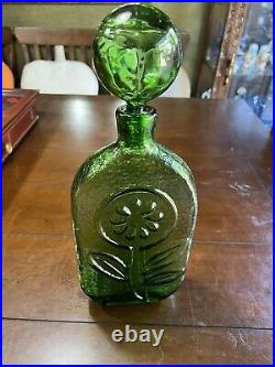 Vintage Wayne Husted Green Sunflower Glass Decanter Stelvia Empoli Italy