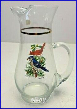 Vintage West Virginia Glass Juice Pitcher Carafe with Six Glasses Bird Graphics