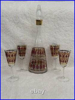 Vintage West Virginia Glass Pink & Gold Decanter Set 1960s