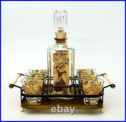 Vintage Whiskey Decanter Barware Set with 6 Glasses & Carrier Caddy Gold Accents