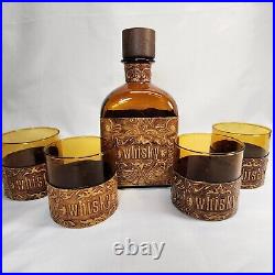 Vintage Whiskey Decanter with Glasses Amber Leather Wrapped MCM Mid Century