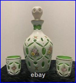 Vintage White Cased Cut To Green Czech Bohemian decanter with stopper & Two Cups