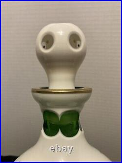 Vintage White Cased Cut To Green Czech Bohemian decanter with stopper & Two Cups