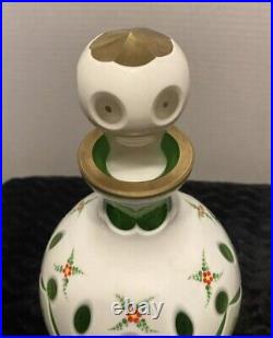 Vintage White Cased Cut To Green Czech Bohemian decanter with stopper & Two Cups