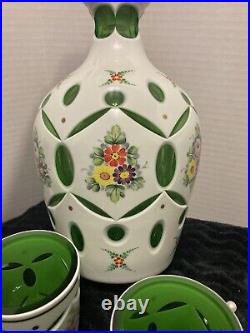 Vintage White Cased Cut To Green Czech Bohemian decanter with stopper & Two Cups