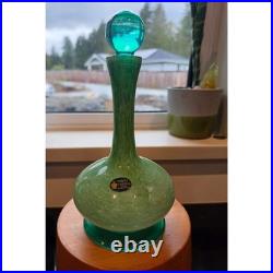 Vintage White Cristal Italy Green Art Glass Decanter Turquoise Ball Stopper