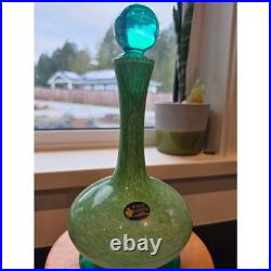 Vintage White Cristal Italy Green Art Glass Decanter Turquoise Ball Stopper