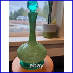 Vintage White Cristal Italy Green Art Glass Decanter Turquoise Ball Stopper