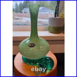 Vintage White Cristal Italy Green Art Glass Decanter Turquoise Ball Stopper