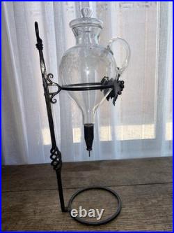 Vintage Wine Aerator Dispenser Hand-Blown Etched Glass Decanter With Iron Stand