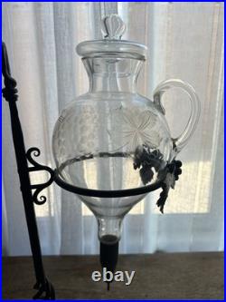 Vintage Wine Aerator Dispenser Hand-Blown Etched Glass Decanter With Iron Stand