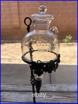 Vintage Wine Aerator Dispenser Hand-Blown Etched Glass Decanter With Iron Stand