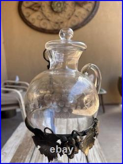 Vintage Wine Aerator Dispenser Hand-Blown Etched Glass Decanter With Iron Stand