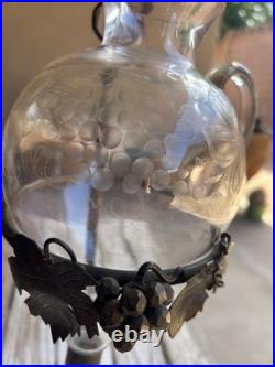 Vintage Wine Aerator Dispenser Hand-Blown Etched Glass Decanter With Iron Stand