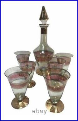 Vintage Wine Decanter Set of 6 Crystal Glasses Iridescent Color Gold-Leaf Gilded