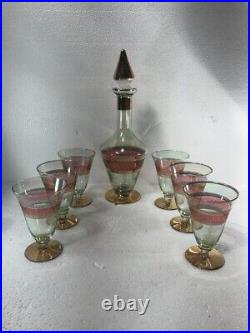 Vintage Wine Decanter Set of 6 Crystal Glasses Iridescent Color Gold-Leaf Gilded