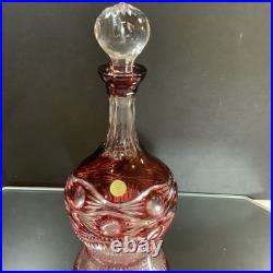 Vintage Wine Liquor Decanter Cranberry Cut to Clear Hand Cut Czech Glass #62