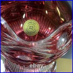 Vintage Wine Liquor Decanter Cranberry Cut to Clear Hand Cut Czech Glass #62