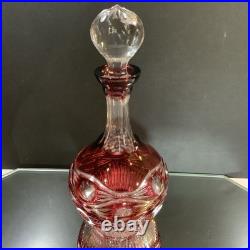 Vintage Wine Liquor Decanter Cranberry Cut to Clear Hand Cut Czech Glass #62