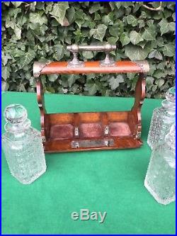 Vintage Wooden Three Crystal Decanter Tantalus With Key