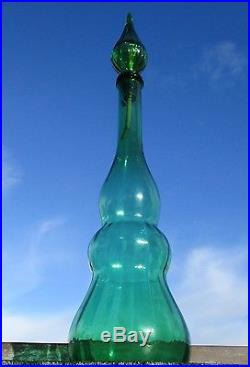 Vintage XL Stunning Green Glass Genie Bottle Stopper Decanter Marked Italy 24.8