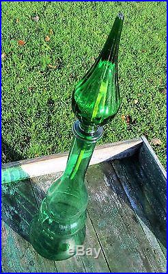 Vintage XL Stunning Green Glass Genie Bottle Stopper Decanter Marked Italy 24.8
