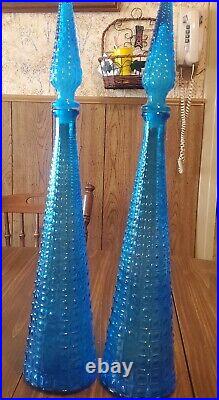 Vintage blue glass Aztec Hobnail bubble empoli genie bottles decanter 1960s