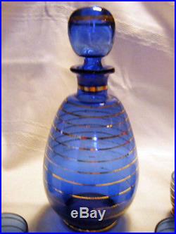 Vintage cobalt blue decanter set (4 cordials) & decanter & ground glass stopper