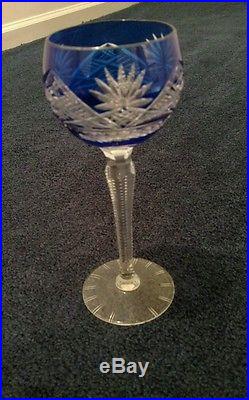 Vintage cut to clear cobalt Bohemian Czech crystal wine decanter & glass set