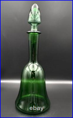 Vintage emerald green Blenko glass bell shaped decanter withmushroom stopper