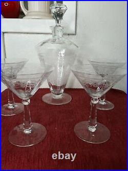 Vintage etched glass decanter and 4 cocktail glasses