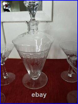 Vintage etched glass decanter and 4 cocktail glasses