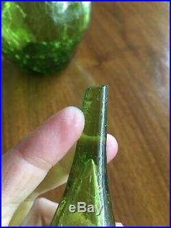 Vintage glass decanter bottle olive green crackle Mid Century with Stopper