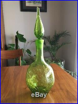 Vintage glass decanter bottle olive green crackle Mid Century with Stopper