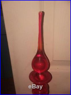 Vintage hand blown Crackle Tangerine Decanter with Flame Stoppers