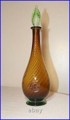Vintage hand blown Murano Italian green amber swirled ribbed art glass decanter