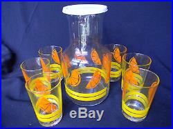 Vintage juice beverage glass set -decanter and six glasses by KIG in org. Pkg