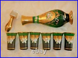 Vintage set cordial decanter 6 glasses shot cocktail service green glass gold