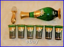 Vintage set cordial decanter 6 glasses shot cocktail service green glass gold
