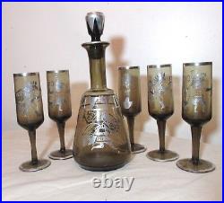 Vintage smoky quartz glass sterling 6 pcs decanter bottle tantalus cordial set