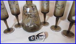 Vintage smoky quartz glass sterling 6 pcs decanter bottle tantalus cordial set