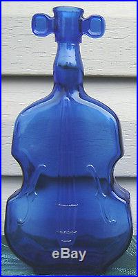Violin Cello Bass Pegs Cobalt Blue Glass Bottle Decanter Vintage Molded Glass