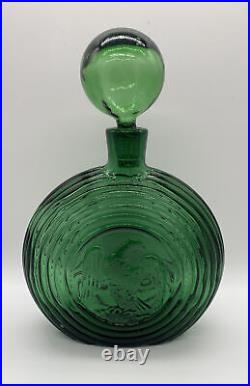 Vntg MCM Rossini Empoli Glass Green Decanter With Stopper Embossed Eagle Italy