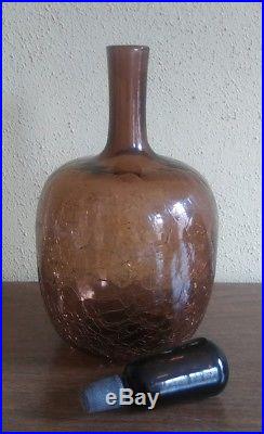 Vntg MID CENTURY danish modern BLENKO crackle glass DECANTER. RARE chestnut